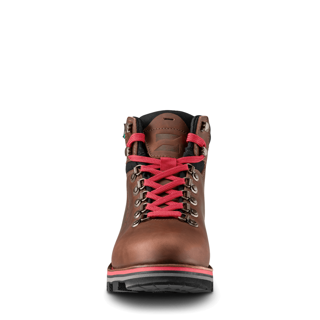 Brown boot with red laces on a black background