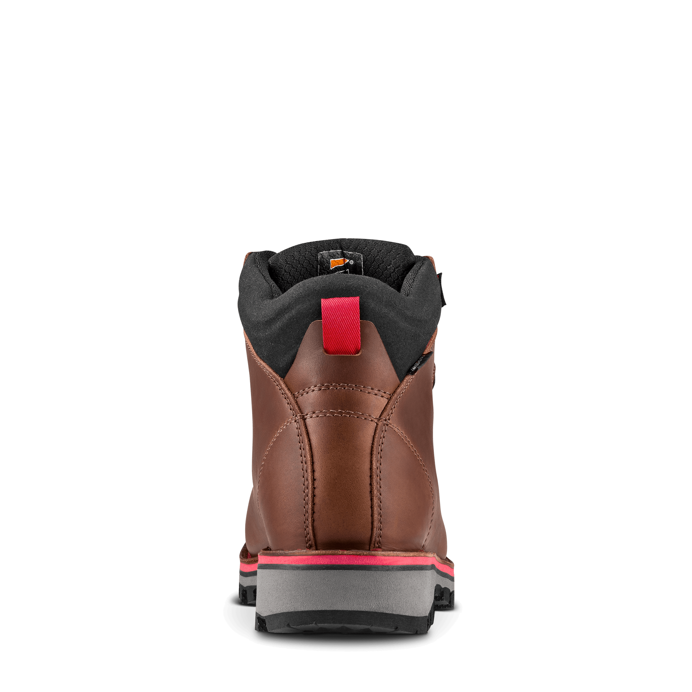 Brown boot with red pull tab on a black background