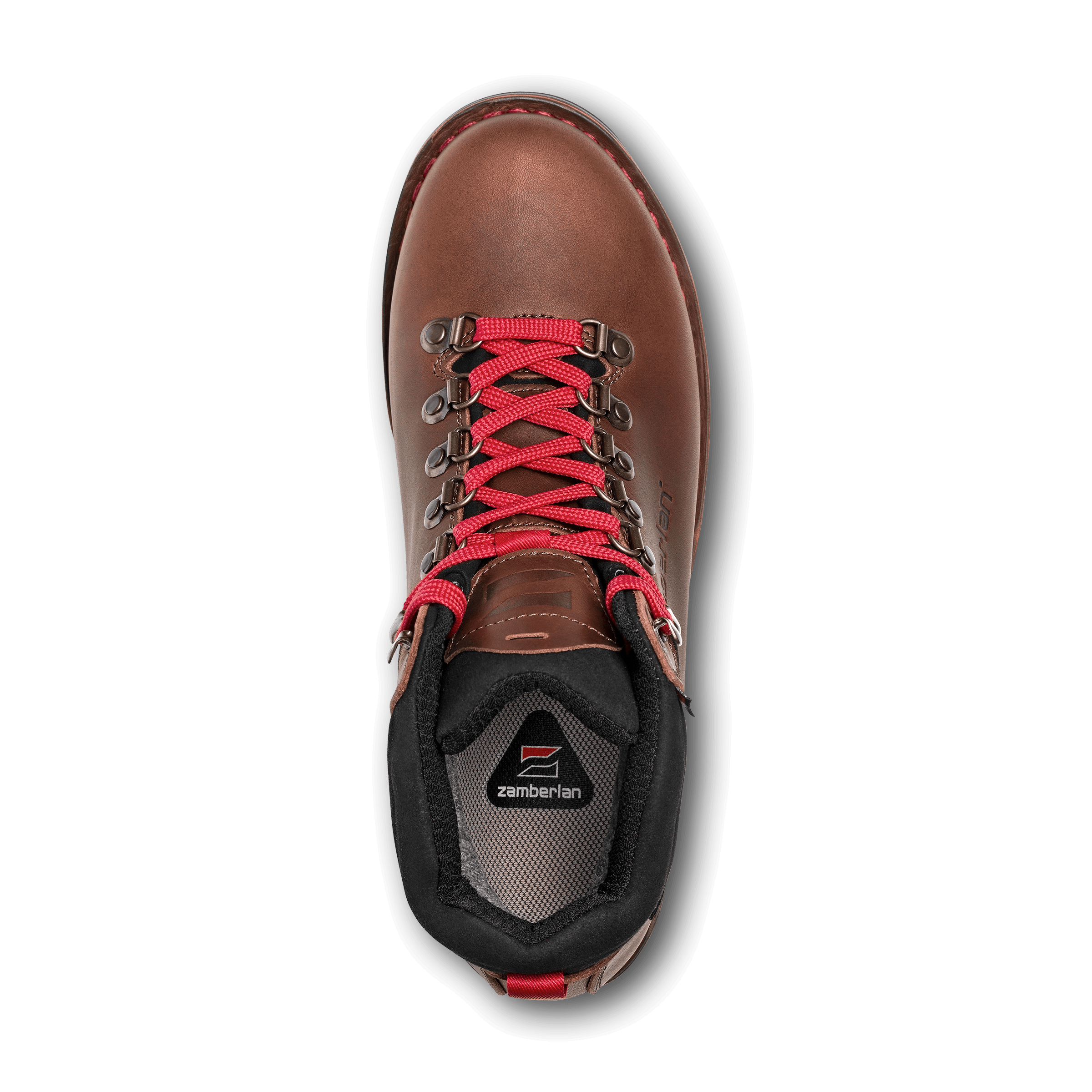 Brown hiking boot with red laces on a black background