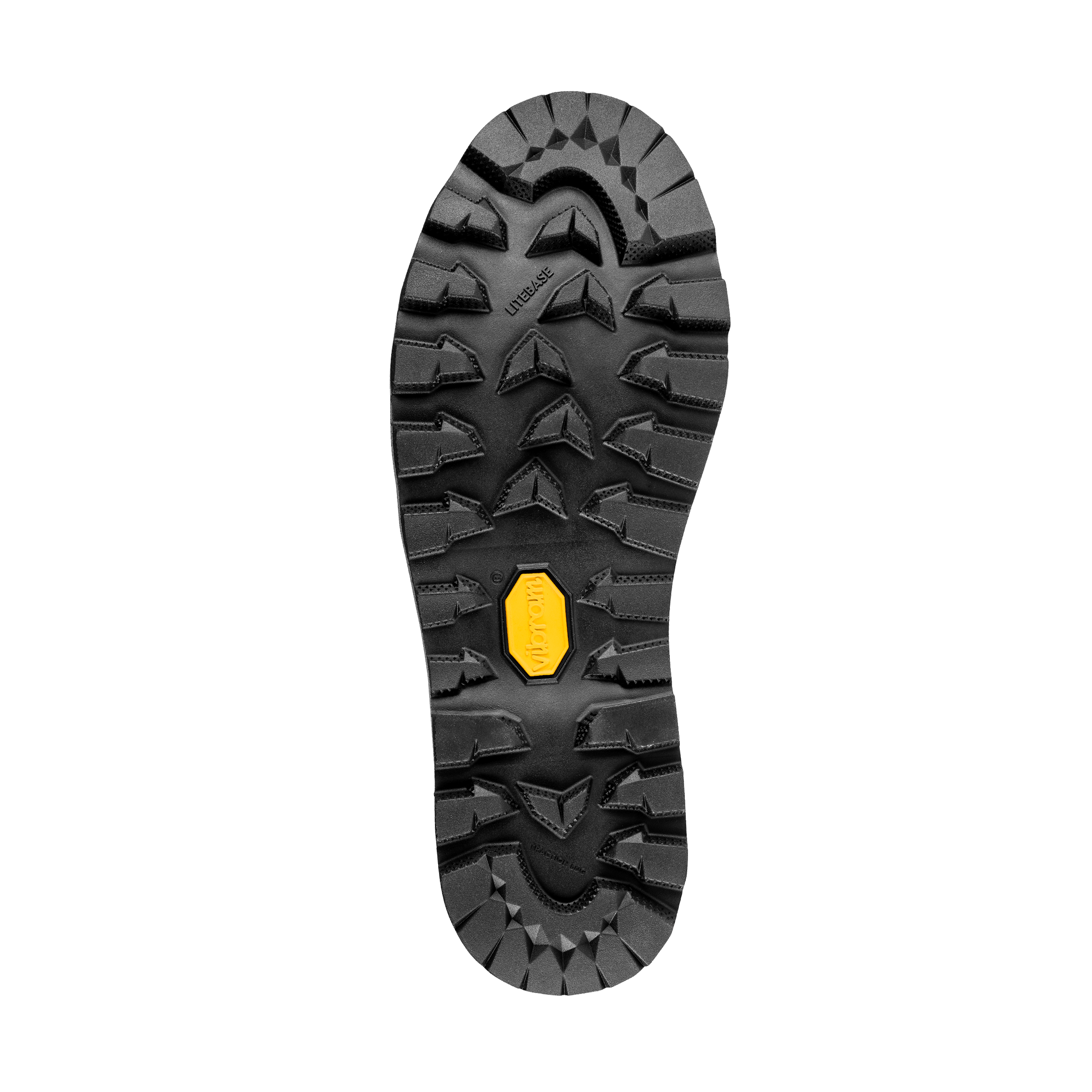 Close-up of a black shoe sole with a yellow brand logo on a black background