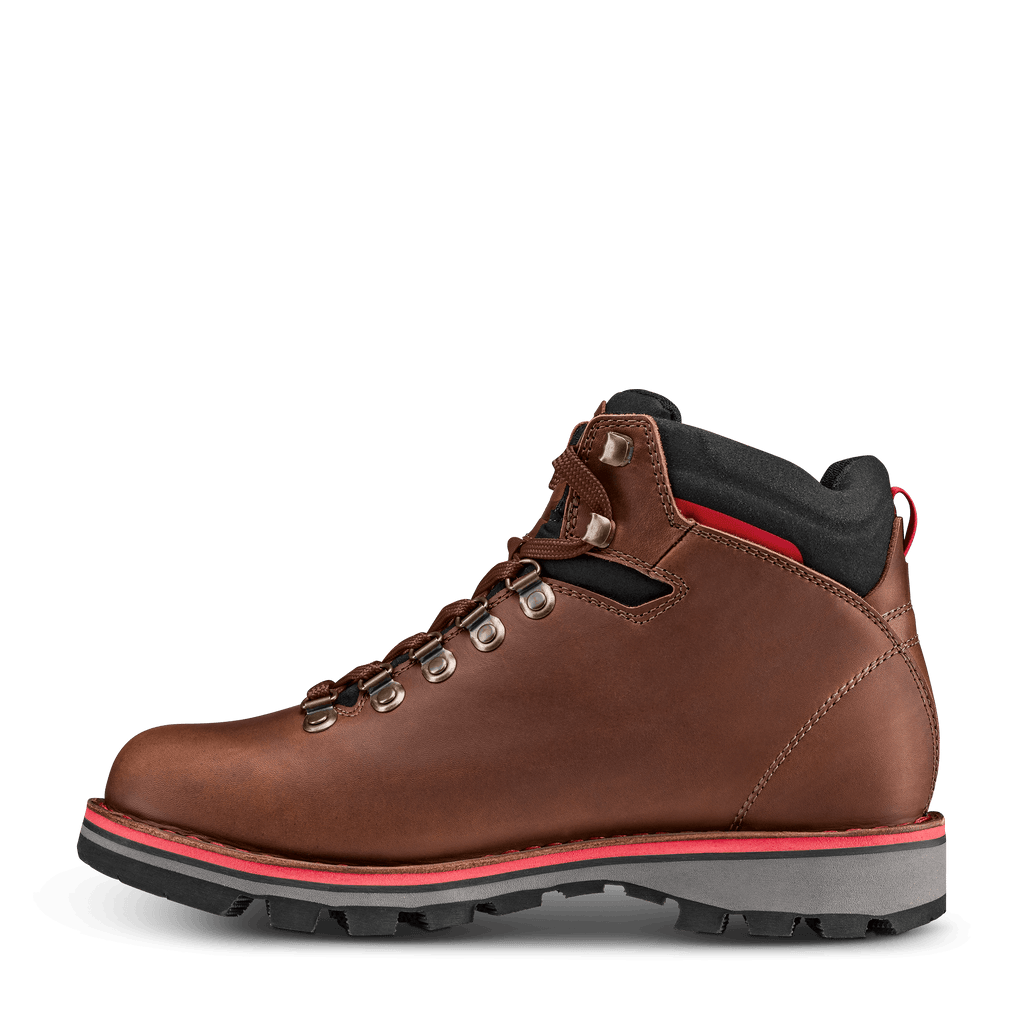 Brown leather boot with brown laces on a black background