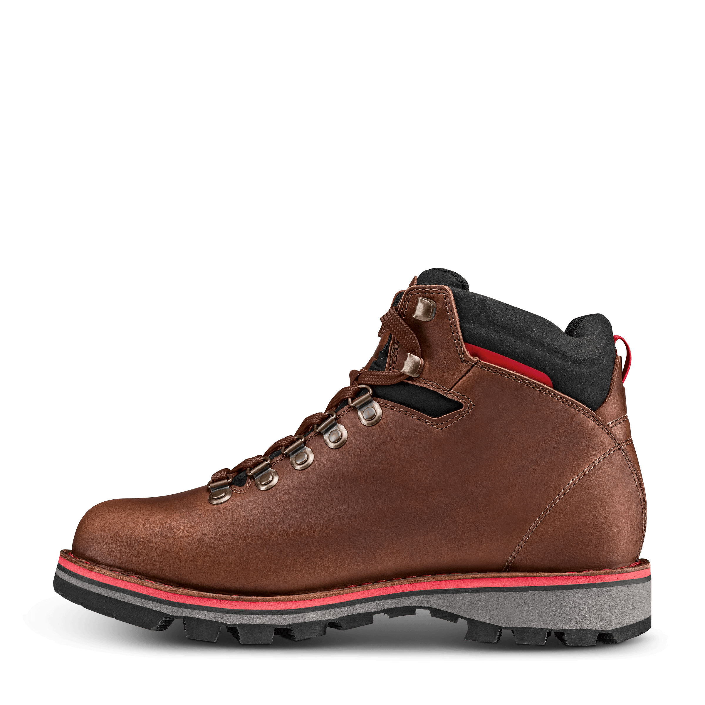 Brown leather boot with brown laces on a black background