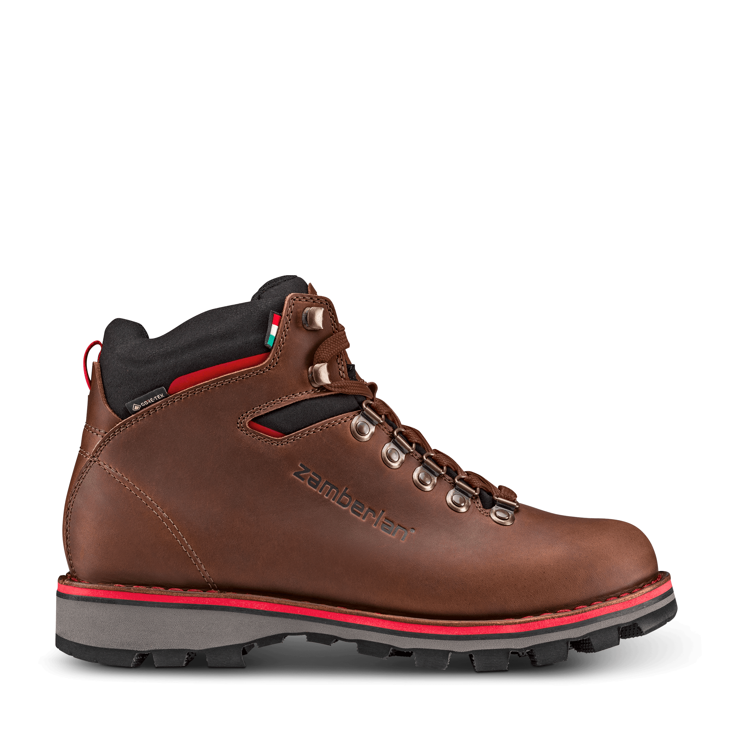 Brown hiking boot with brown laces on a white background