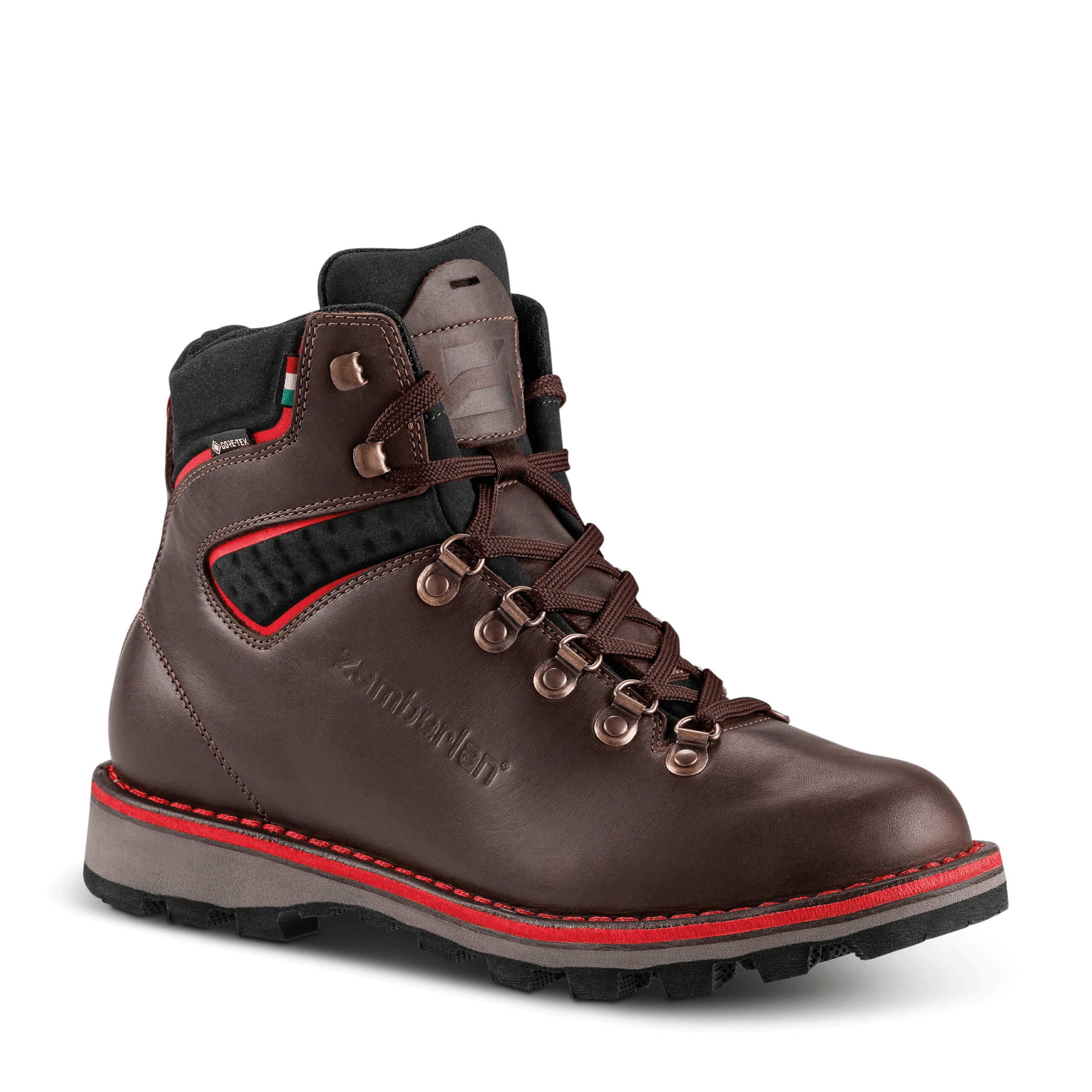 Brown hiking boot with red accents on a black background