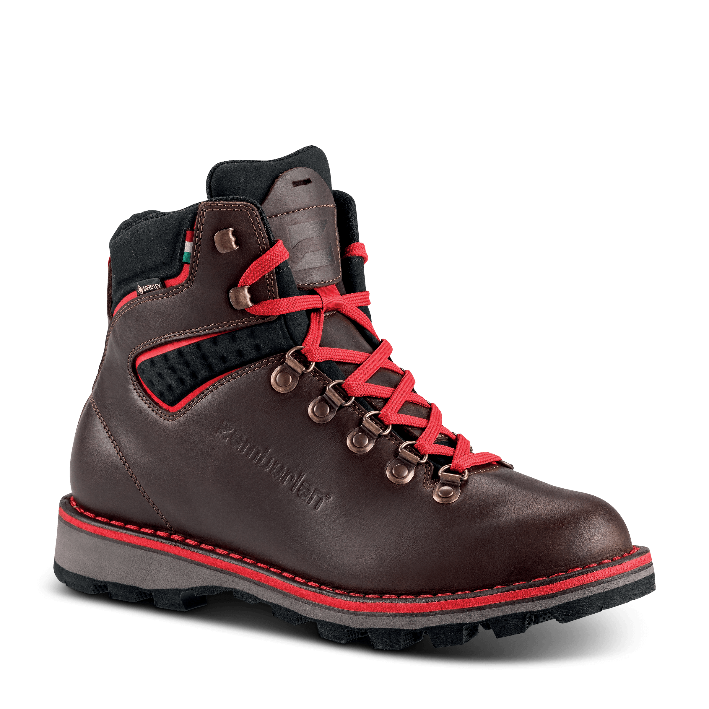 Brown hiking boot with red laces on a transparent background