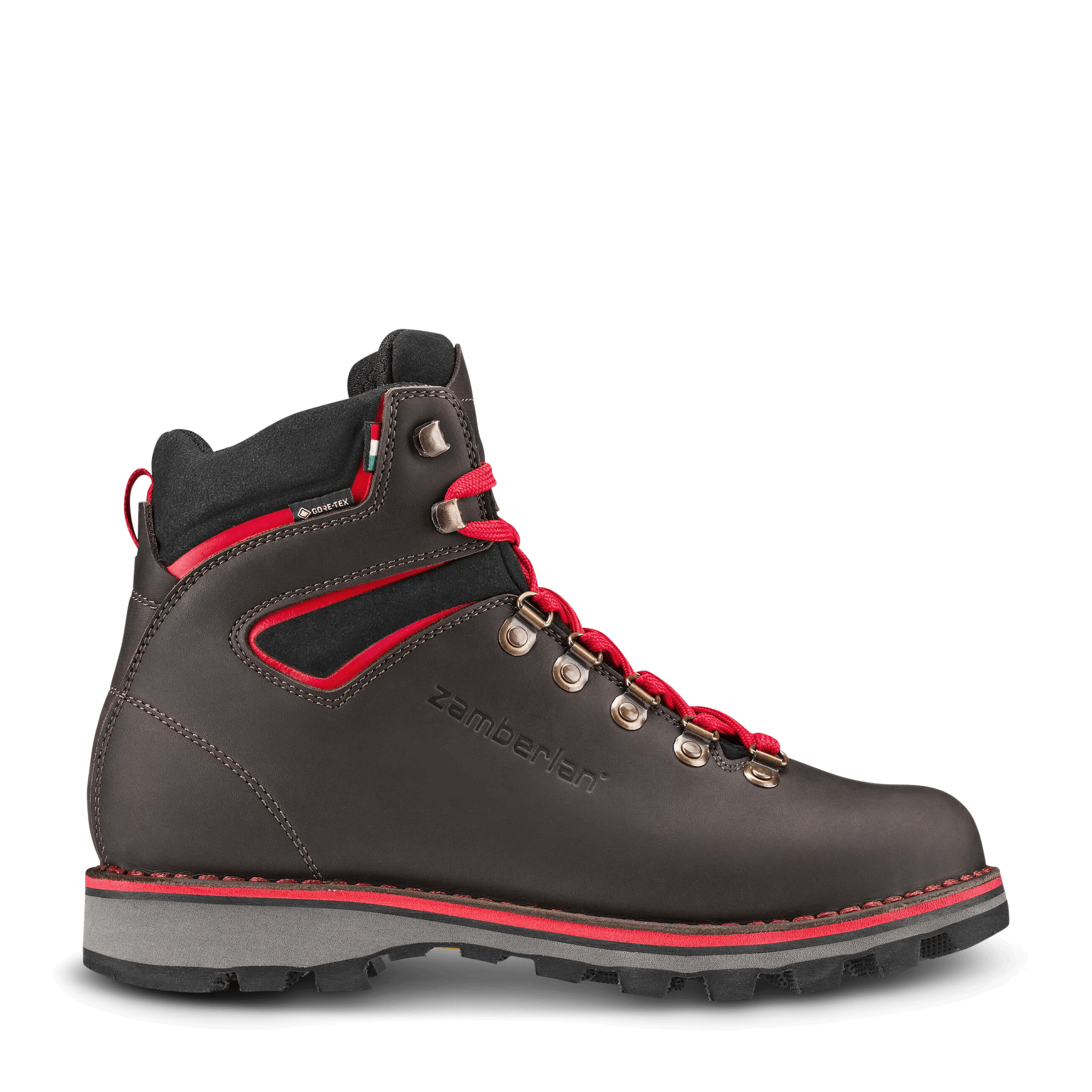 Black hiking boot with red accents on a white background