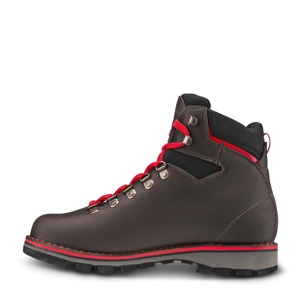 Dark brown hiking boot with red accents on a black background