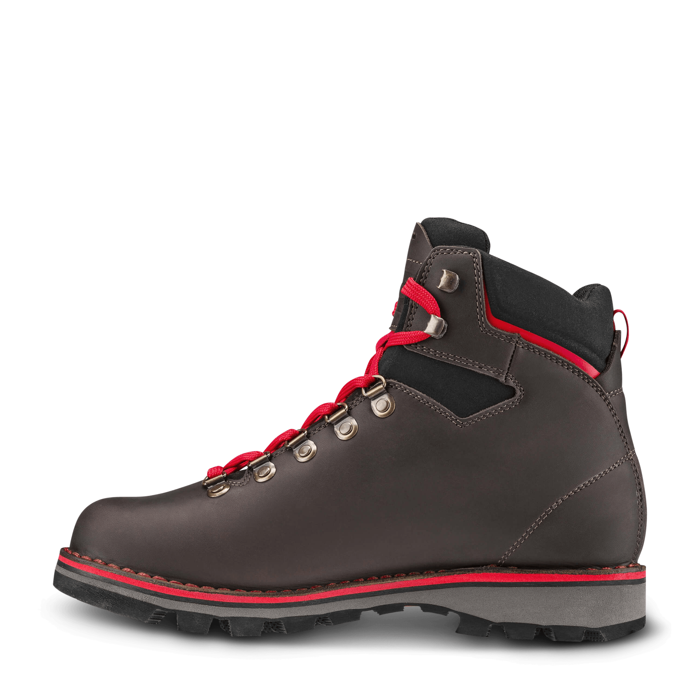 Dark brown hiking boot with red accents on a black background