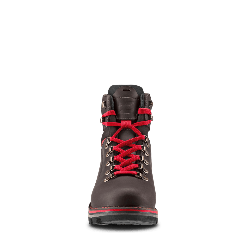 Black boot with red laces on a white background