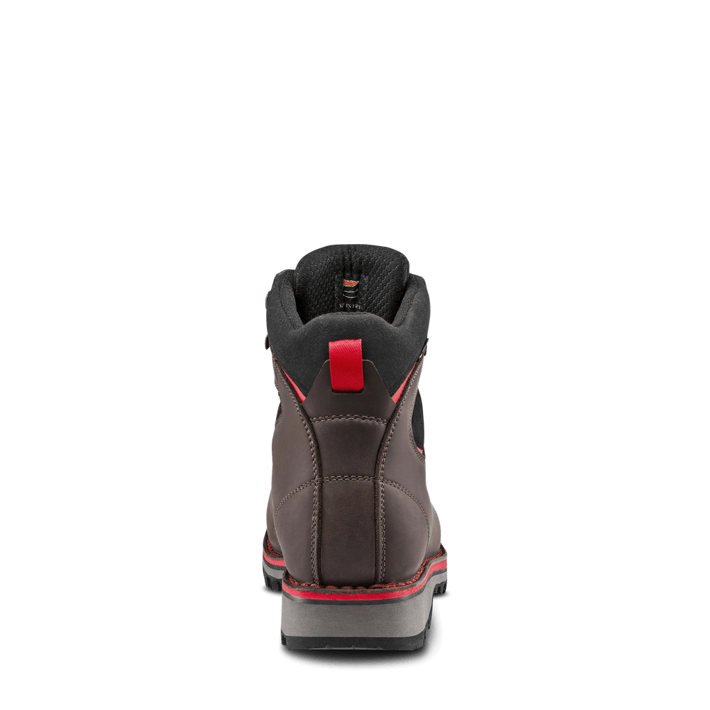 Back view of a gray boot with red accents on a black background