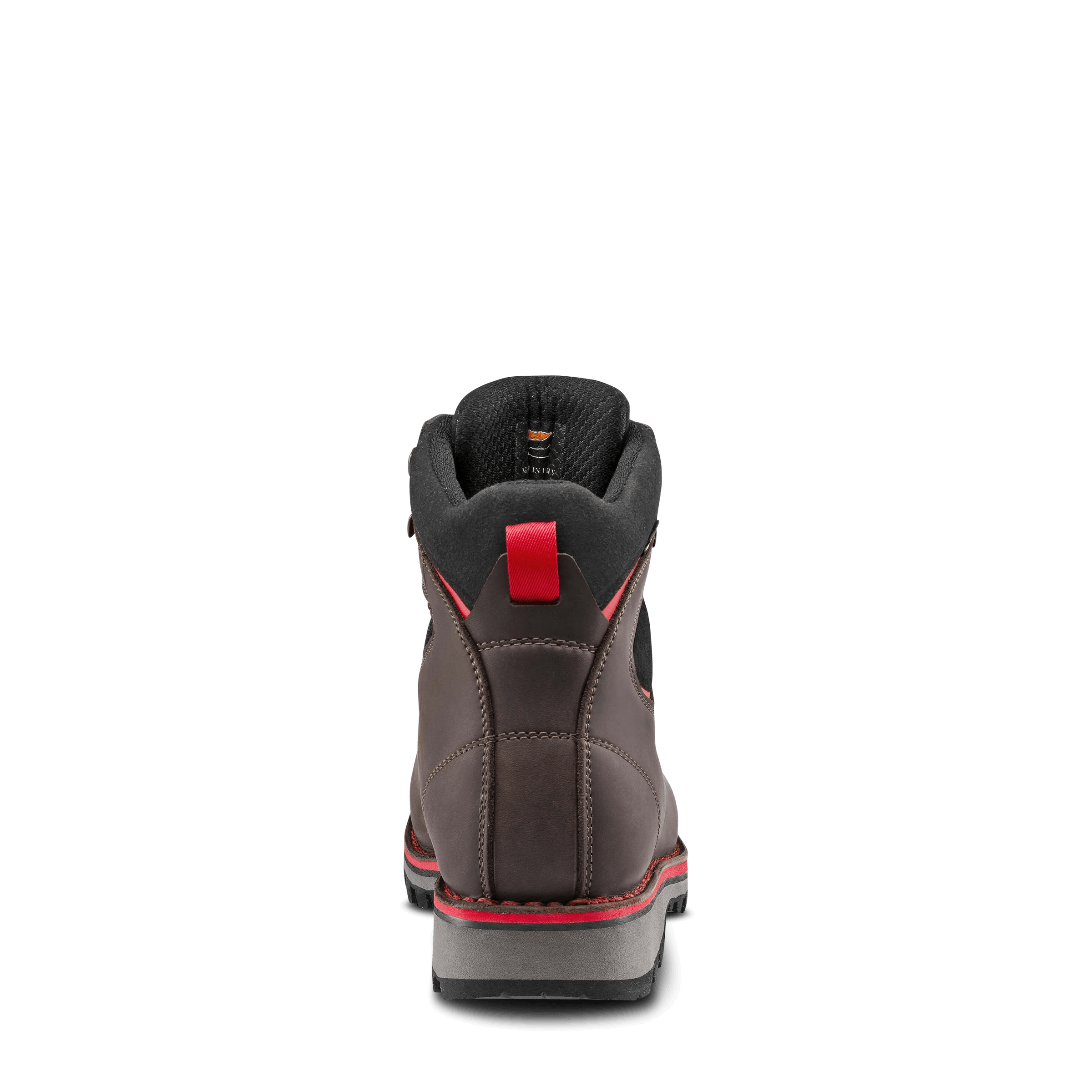 Back view of a gray boot with red accents on a black background