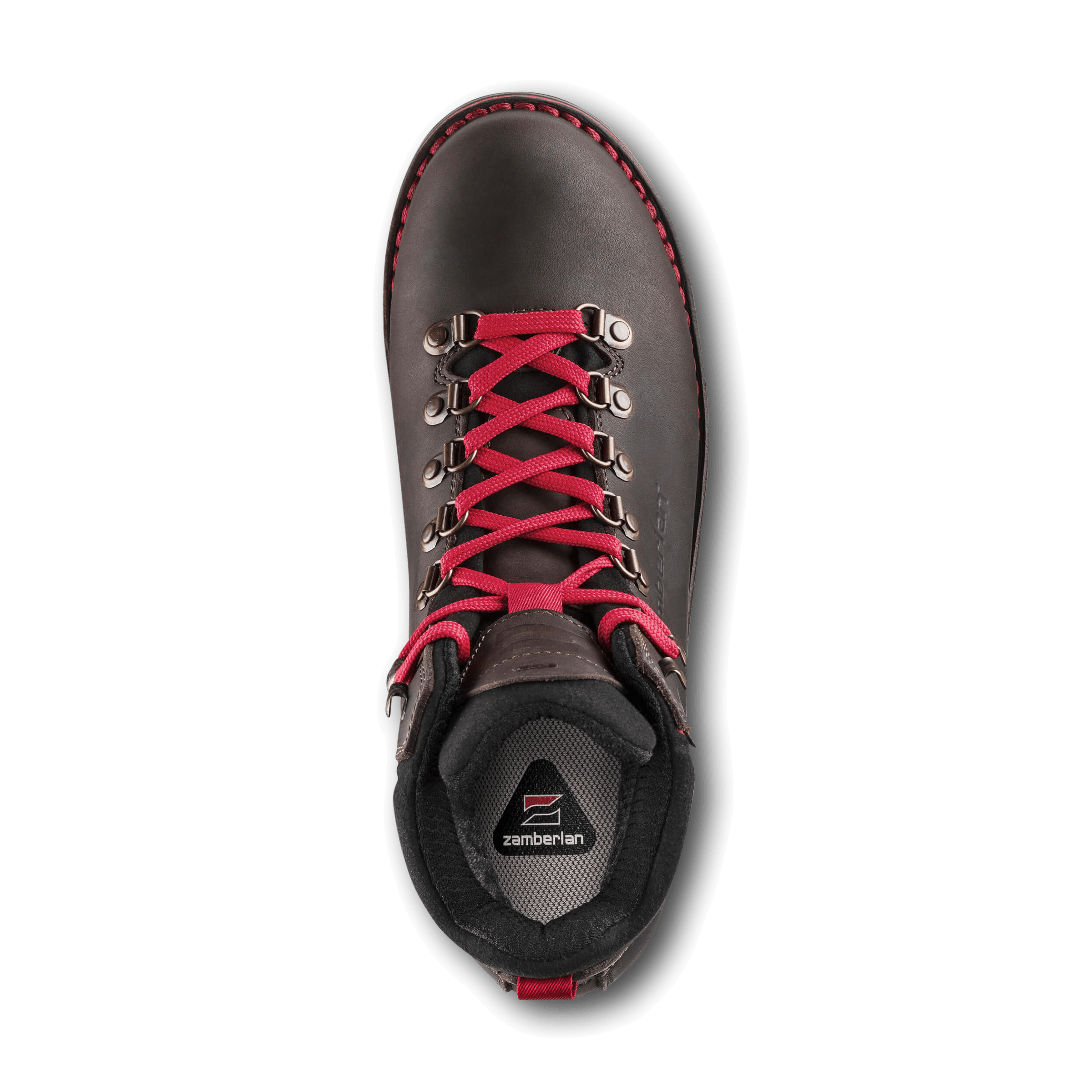Black hiking boot with red laces on a black background