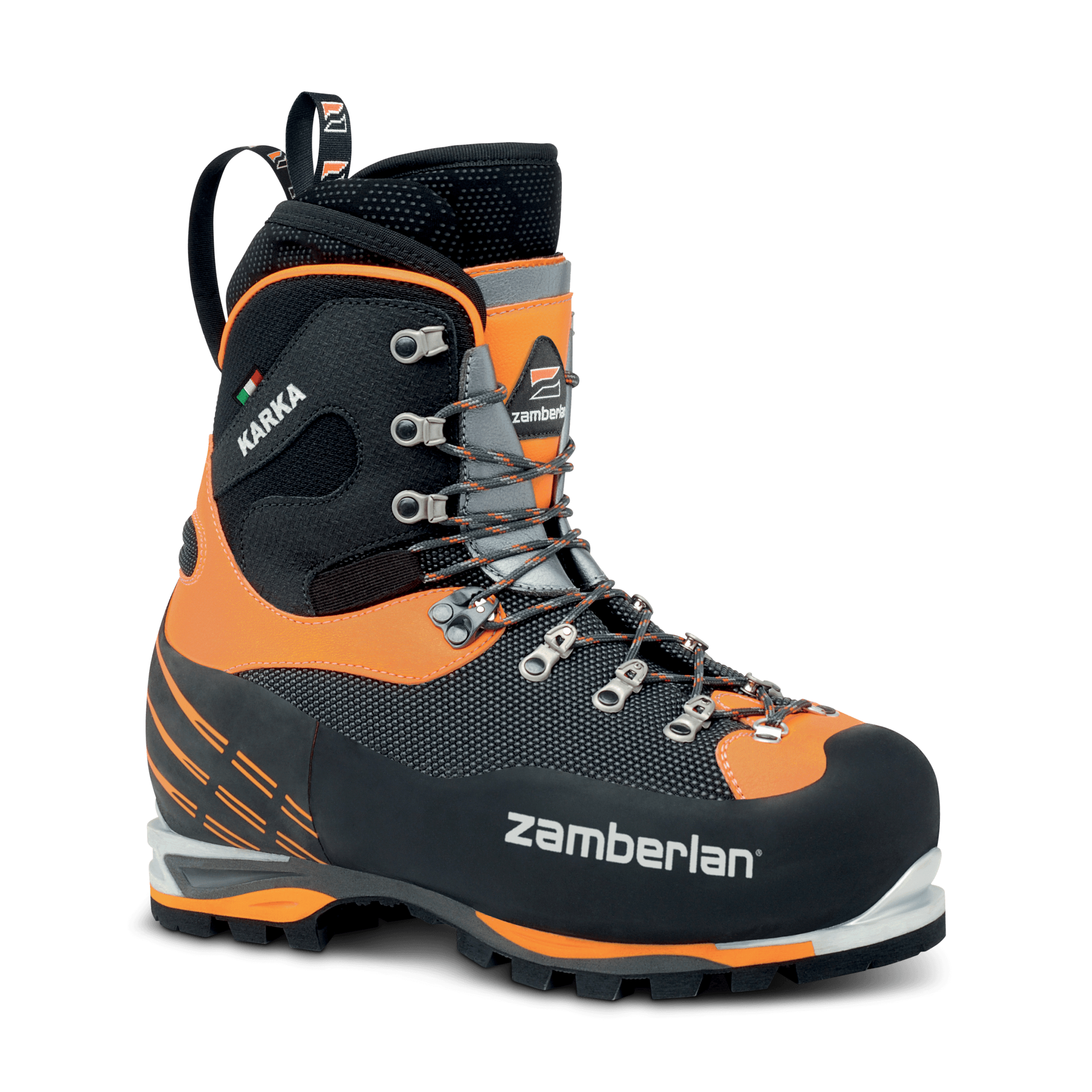 Black and orange hiking boot with visible Zamberlan branding on a black background