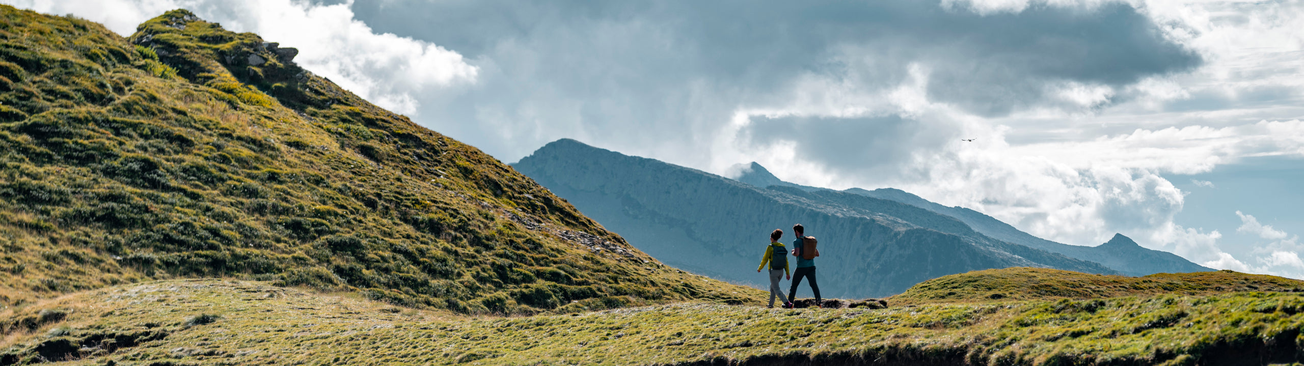 Two people standing on a grassy hill with mountains in the background