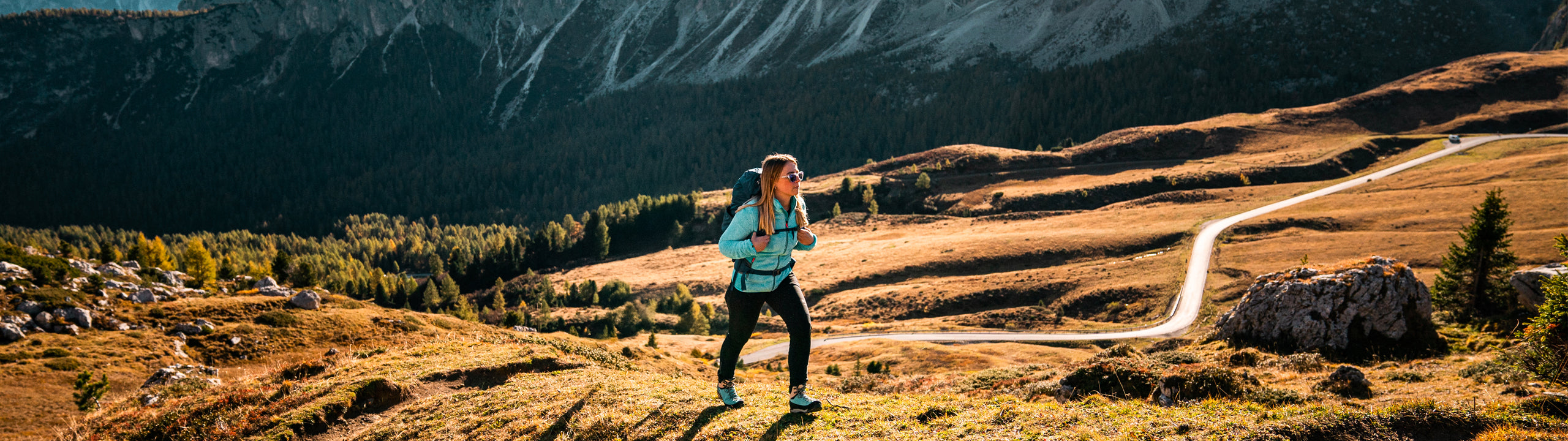 Person hiking on a trail with mountains and fields in the background