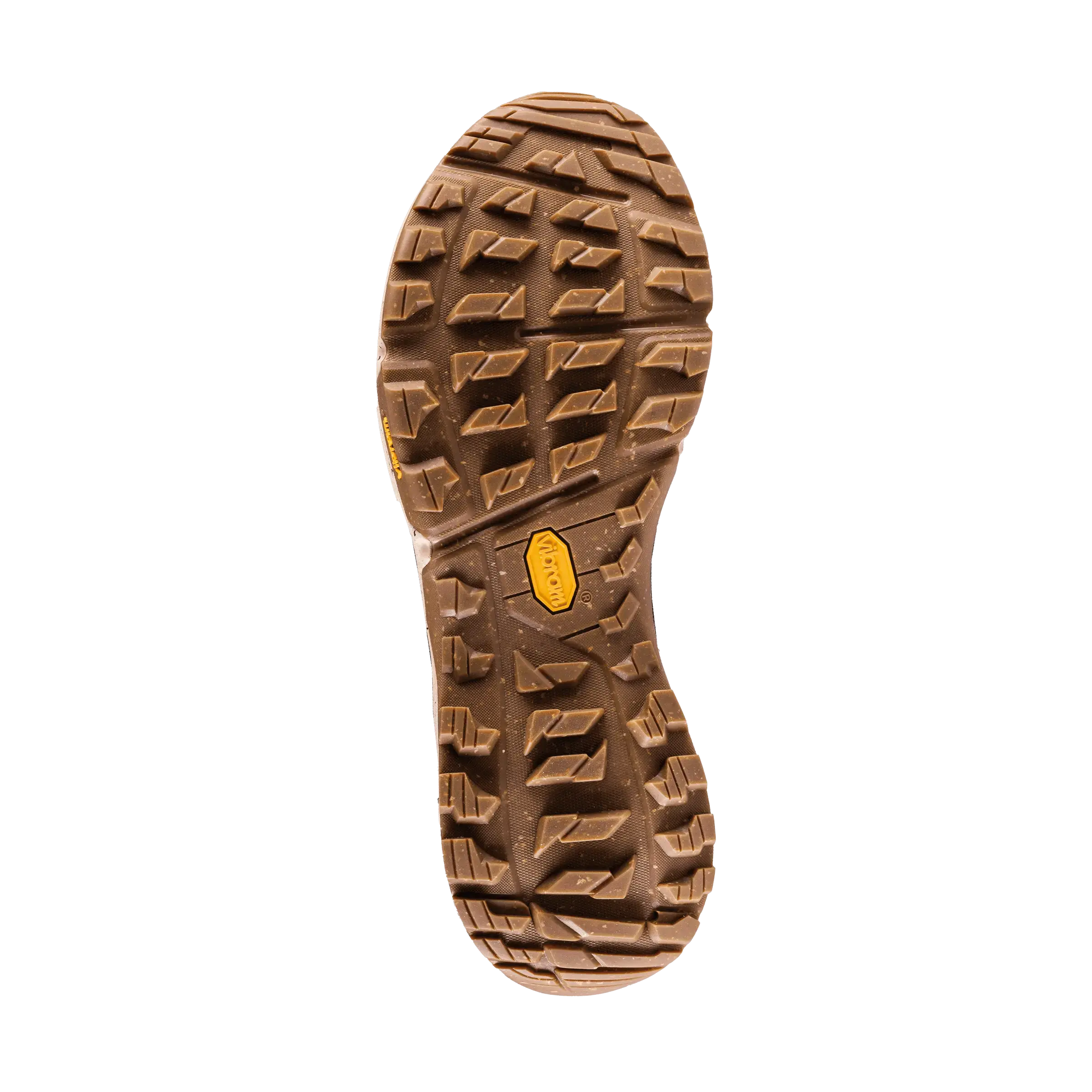 Close-up of a brown hiking boot sole with tread pattern on a white background