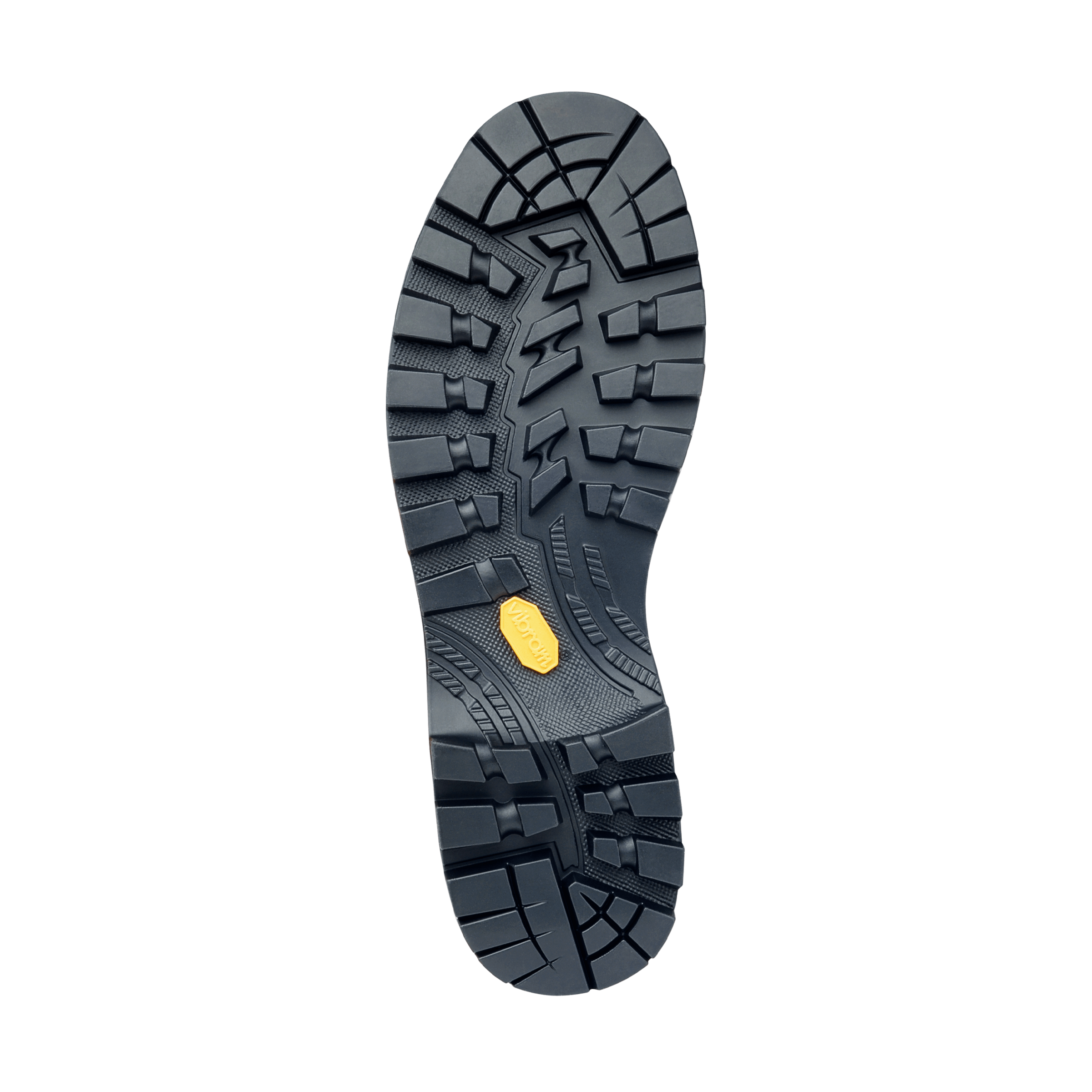 Tread pattern of a shoe sole with a yellow dot on a black background